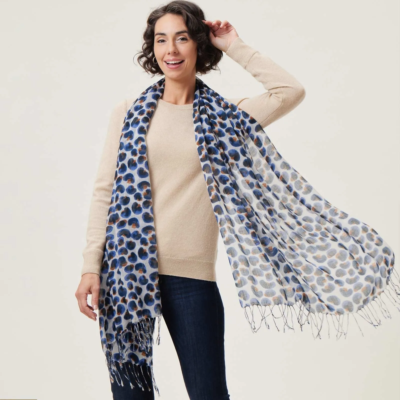 Leopard Blue Featherweight Tassel Lux Scarf